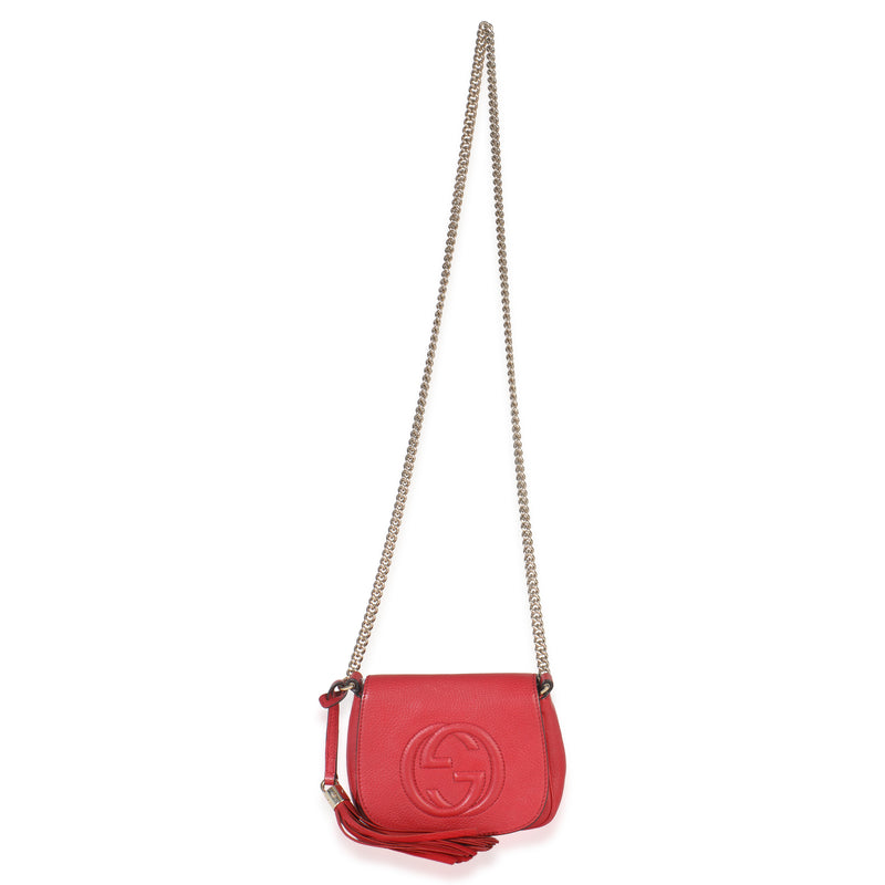 Gucci Red Pebbled Calfskin Interlocking G Small Soho Flap Bag Leather Handbag