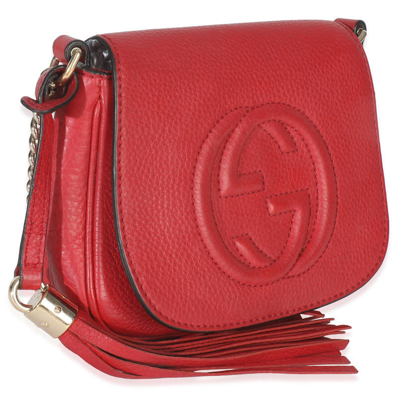 Gucci Red Pebbled Calfskin Interlocking G Small Soho Flap Bag Leather Handbag