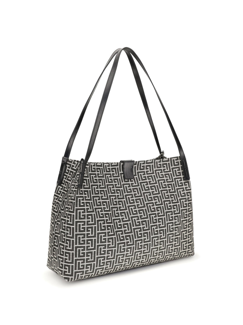 Balmain Logo-Jacquard Cotton Shoulder Bag — Black
