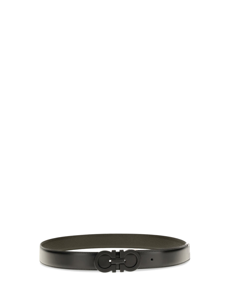 Ferragamo Reversible Textured Gancini Buckle Belt — Black Calf Leather Bos Taurus
