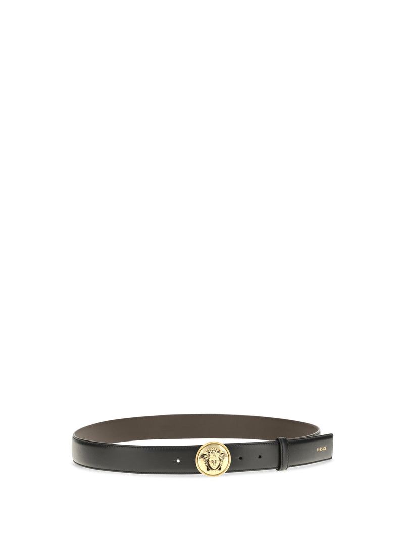 Versace Medusa Buckle Leather Belt — Black Black/gold Calf Bos Taurus