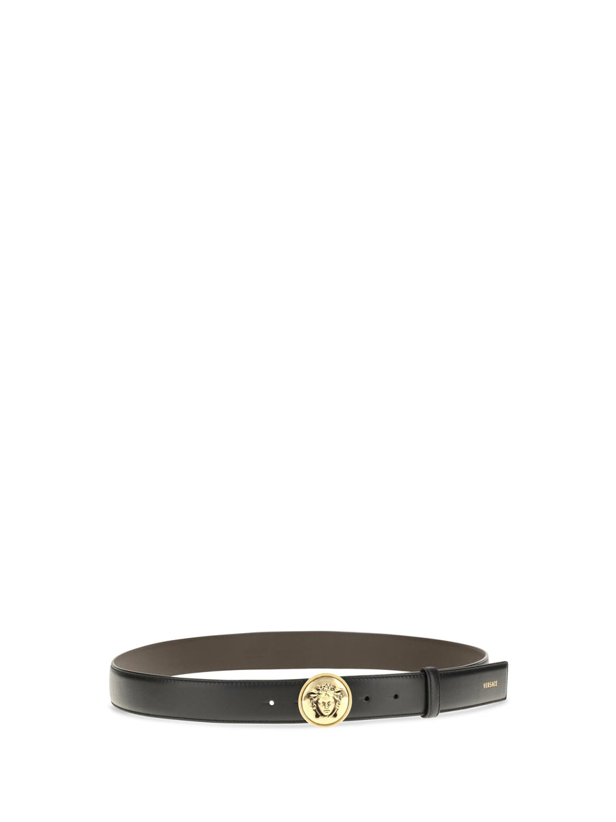 Versace Medusa Buckle Belt — Black Calf Leather