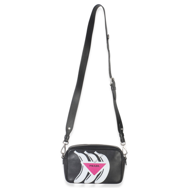 Prada Black Pink Calfskin Banana Logo Crossbody Bag Leather Handbag