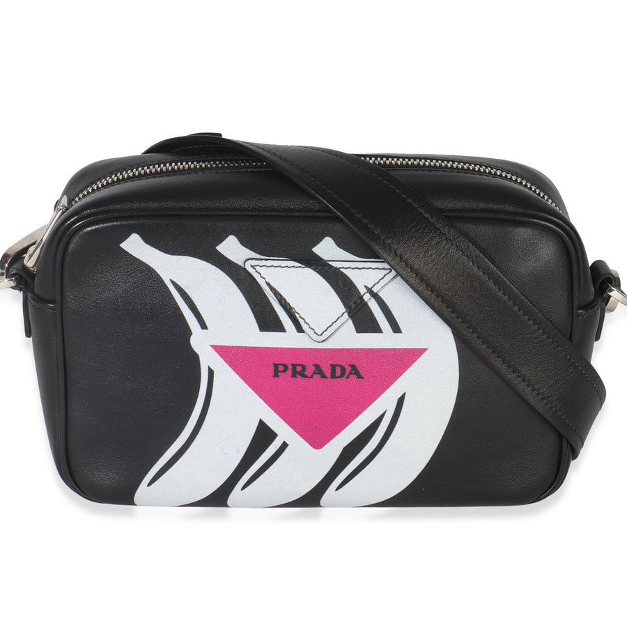 Prada Black Pink Calfskin Banana Logo Crossbody Bag Leather Handbag