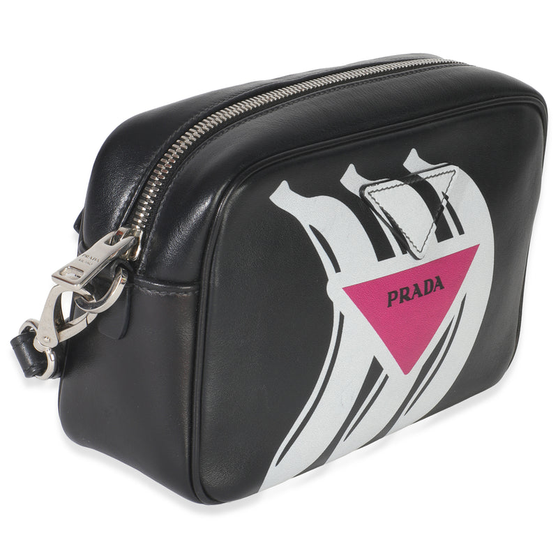 Prada Black Pink Calfskin Banana Logo Crossbody Bag Leather Handbag