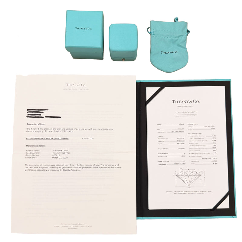 Tiffany & Co. 0.91 Ct Round Brilliant Diamond Engagement Ring 950