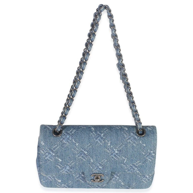 Chanel Blue Bleached Chain Printed Denim Medium Classic Double Flap Bag Handbag