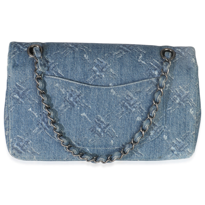 Chanel Blue Bleached Chain Printed Denim Medium Classic Double Flap Bag Handbag