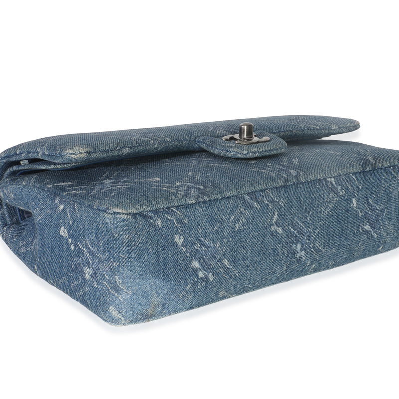 Chanel Blue Bleached Chain Printed Denim Medium Classic Double Flap Bag Handbag
