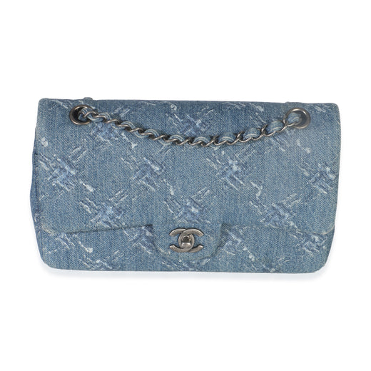 Chanel Blue Bleached Chain Printed Denim Medium Classic Double Flap Bag Handbag