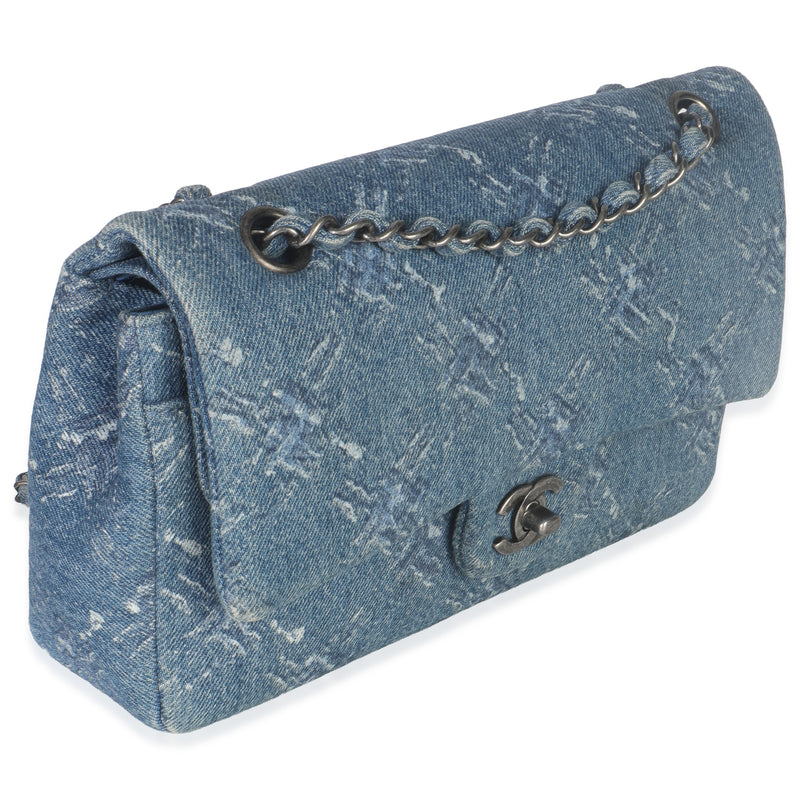 Chanel Blue Bleached Chain Printed Denim Medium Classic Double Flap Bag Handbag