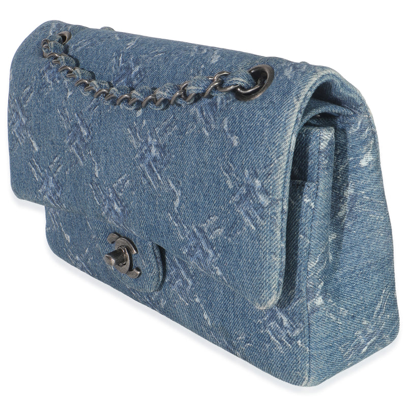 Chanel Blue Bleached Chain Printed Denim Medium Classic Double Flap Bag Handbag