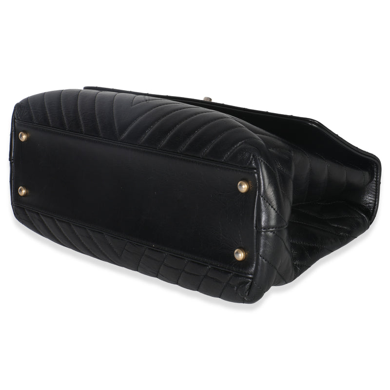 Chanel Black Chevron Aged Calfskin Large Coco Top Handle Bag Leather Handbag