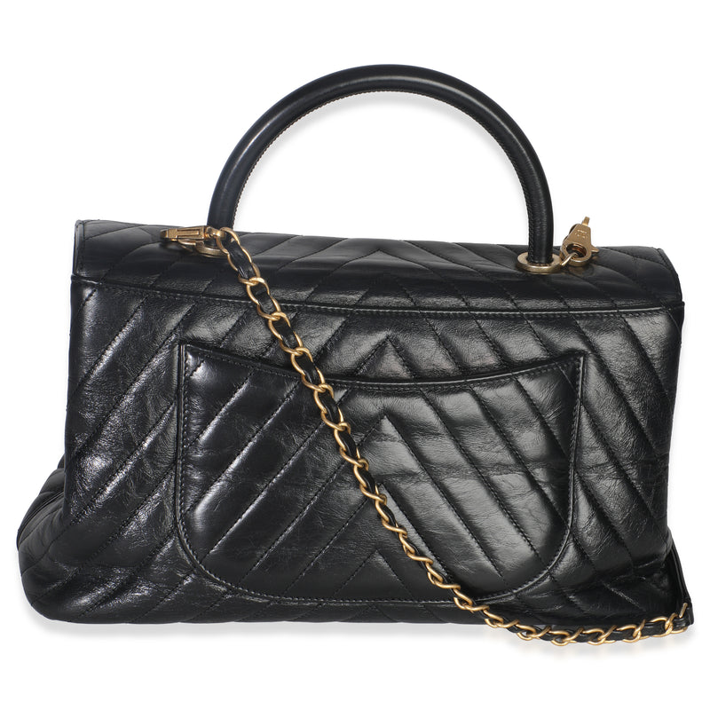 Chanel Black Chevron Aged Calfskin Large Coco Top Handle Bag Leather Handbag