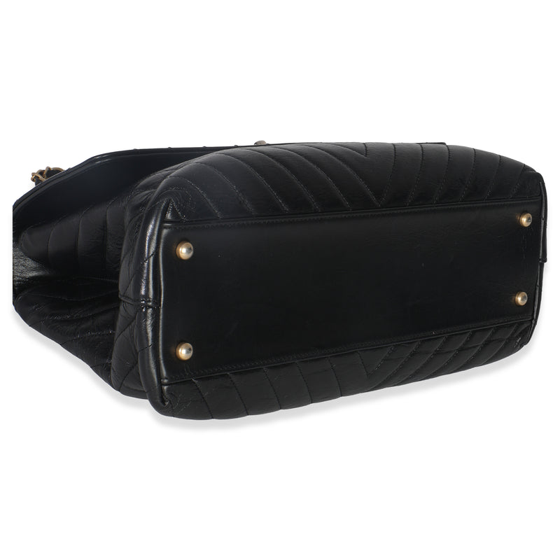 Chanel Black Chevron Aged Calfskin Large Coco Top Handle Bag Leather Handbag