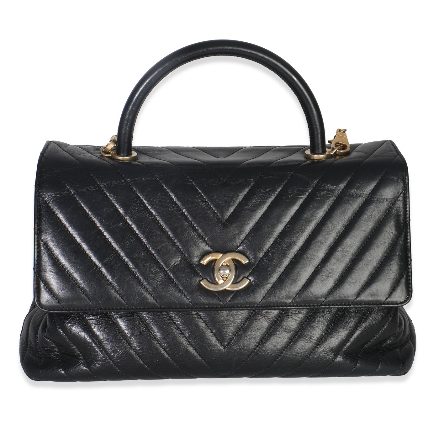 Chanel Black Chevron Aged Calfskin Large Coco Top Handle Bag Leather Handbag