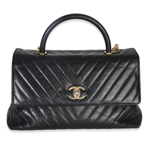 Chanel Black Chevron Aged Calfskin Large Coco Top Handle Bag Leather Handbag