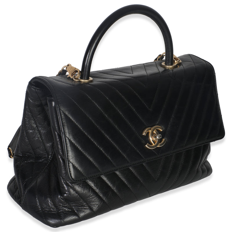 Chanel Black Chevron Aged Calfskin Large Coco Top Handle Bag Leather Handbag