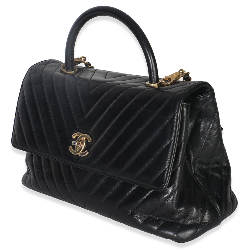Chanel Black Chevron Aged Calfskin Large Coco Top Handle Bag Leather Handbag