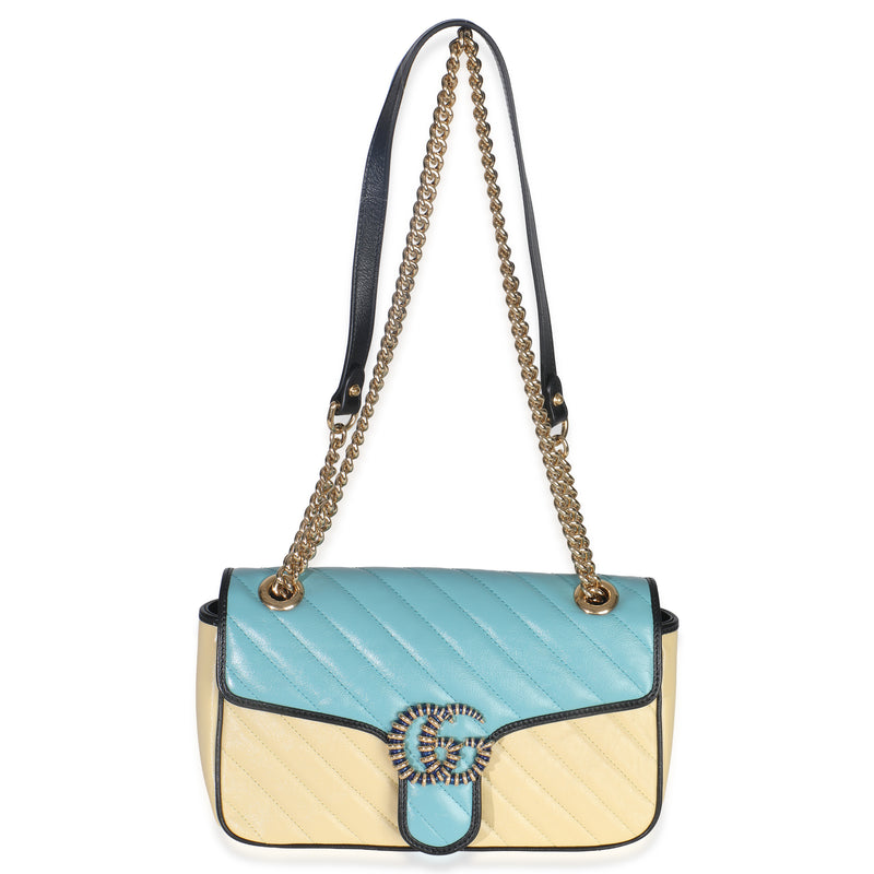Gucci Blue Yellow Calfskin Matelasse Diagonal Torchon Small Gg Marmont Bag Blue; Multicolor; Leather Handbag