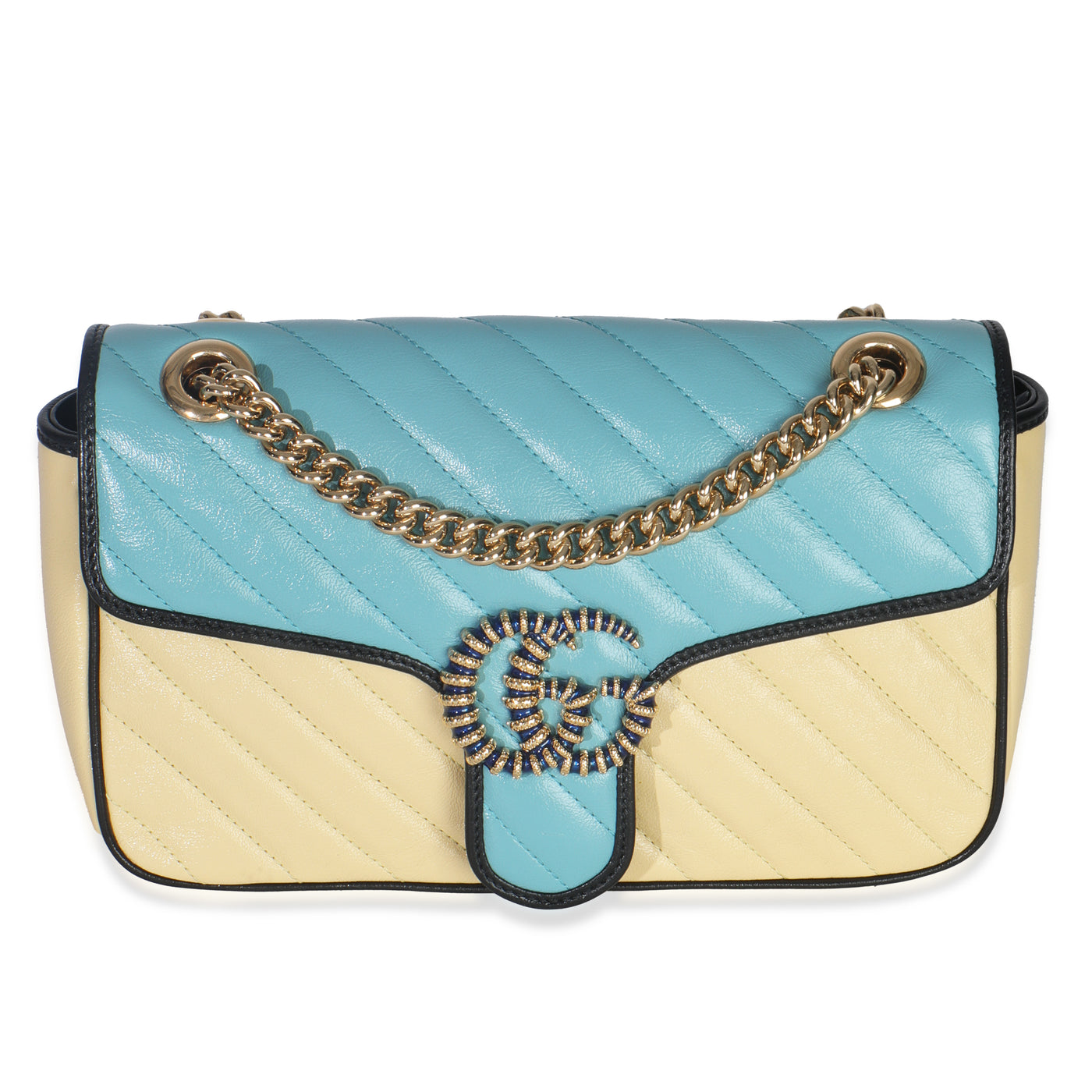 Gucci Blue Yellow Calfskin Matelasse Diagonal Torchon Small Gg Marmont Bag Blue; Multicolor; Leather Handbag