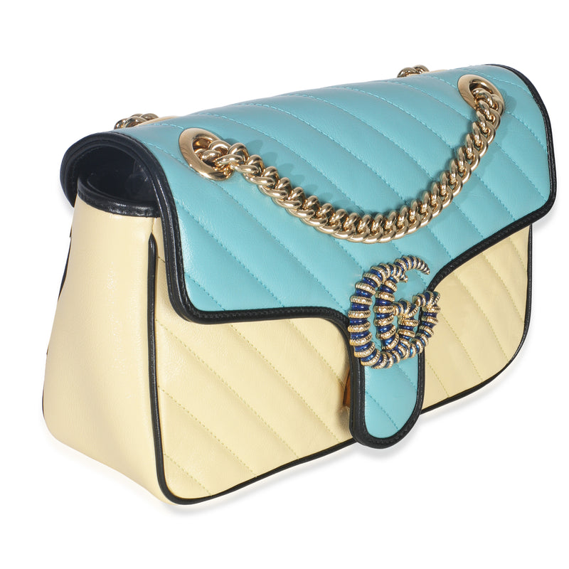 Gucci Blue Yellow Calfskin Matelasse Diagonal Torchon Small Gg Marmont Bag Blue; Multicolor; Leather Handbag