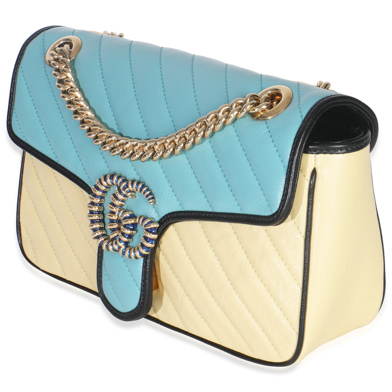 Gucci Blue Yellow Calfskin Matelasse Diagonal Torchon Small Gg Marmont Bag Blue; Multicolor; Leather Handbag