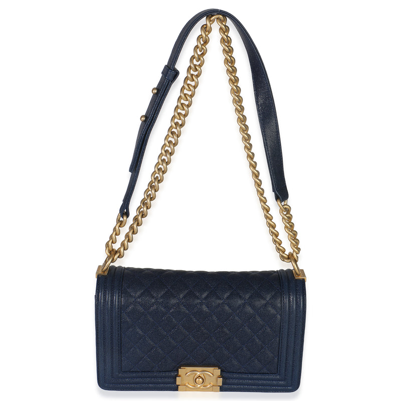 Chanel Navy Quilted Caviar Old Medium Boy Handbag Blue Leather