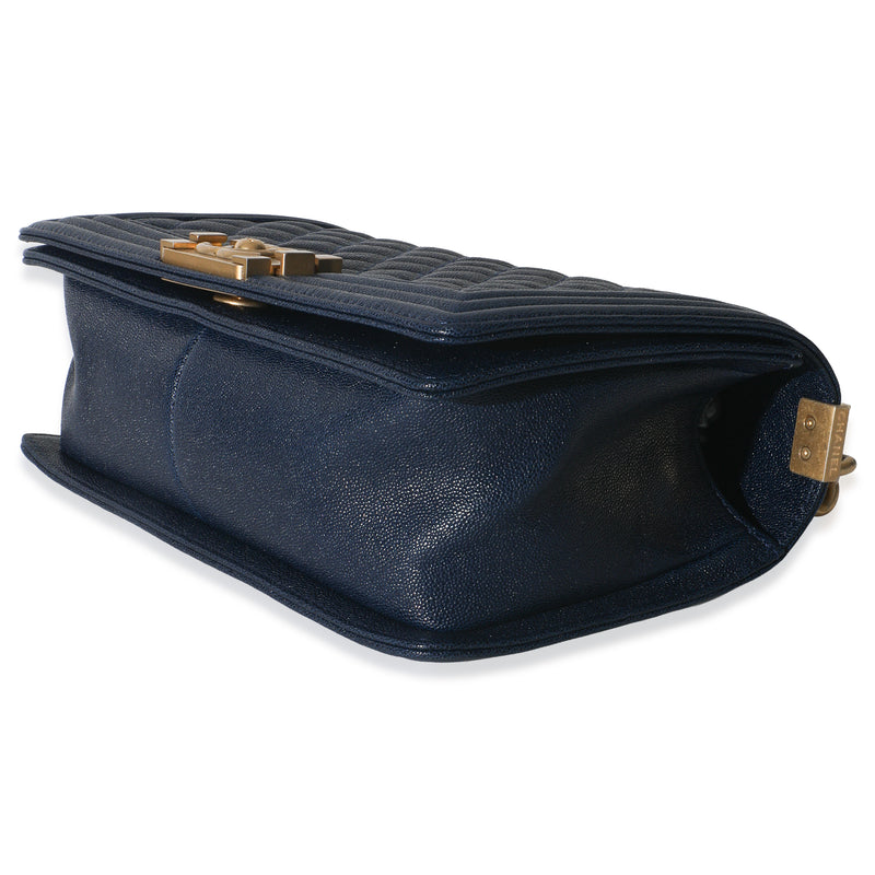 Chanel Navy Quilted Caviar Old Medium Boy Handbag Blue Leather