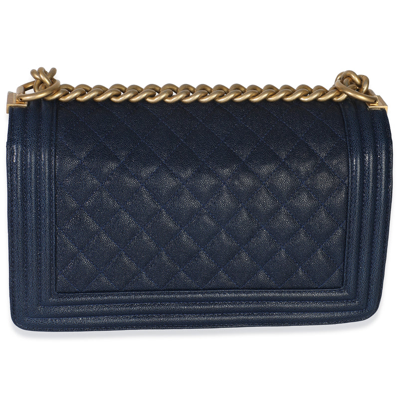 Chanel Navy Quilted Caviar Old Medium Boy Handbag Blue Leather
