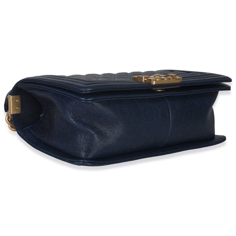 Chanel Navy Quilted Caviar Old Medium Boy Handbag Blue Leather