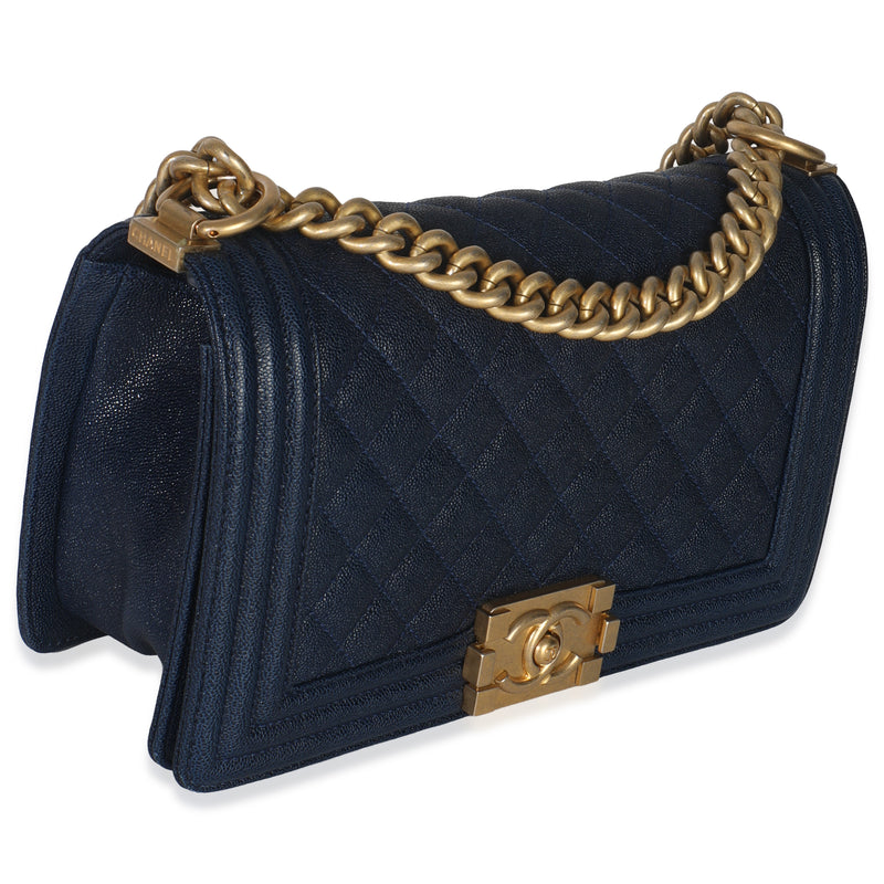 Chanel Navy Quilted Caviar Old Medium Boy Handbag Blue Leather