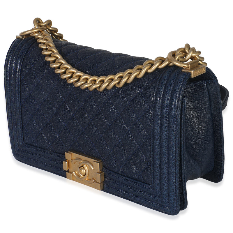 Chanel Navy Quilted Caviar Old Medium Boy Handbag Blue Leather