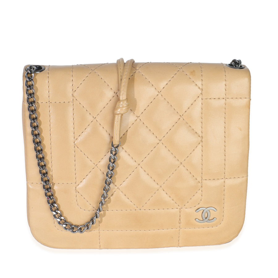 Chanel Vintage Beige Quilted Lambskin Square Cc Flap Bag Leather Handbag