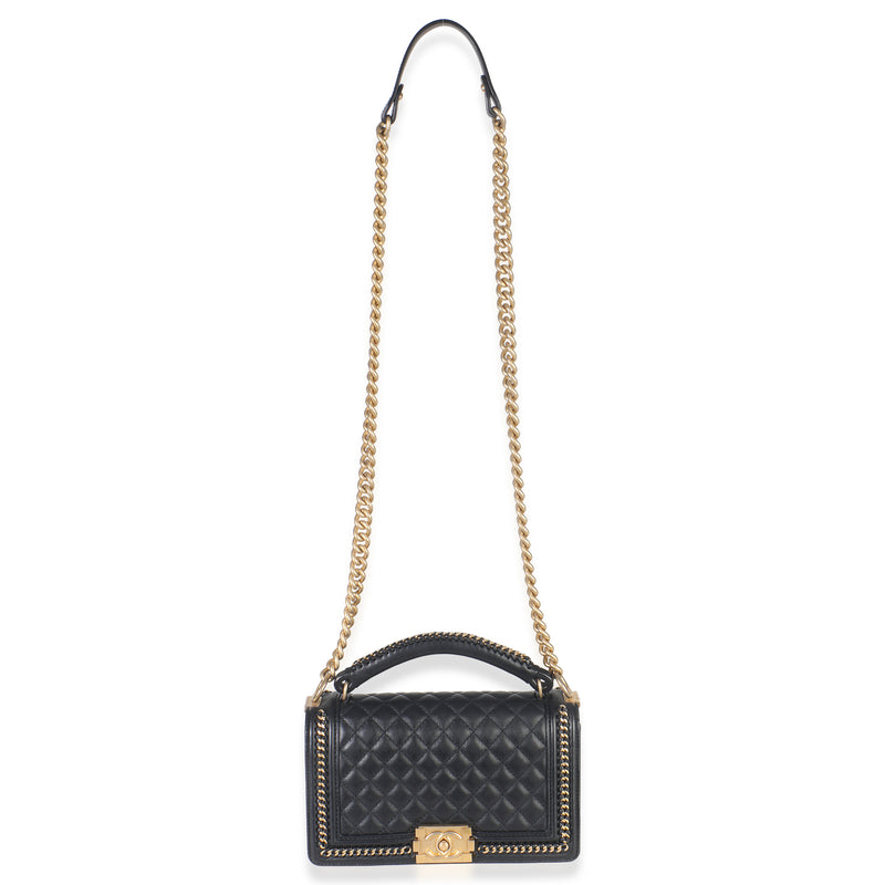 Chanel Black Quilted Calfskin Interwoven Chain Top Handle Boy Bag Leather Handbag