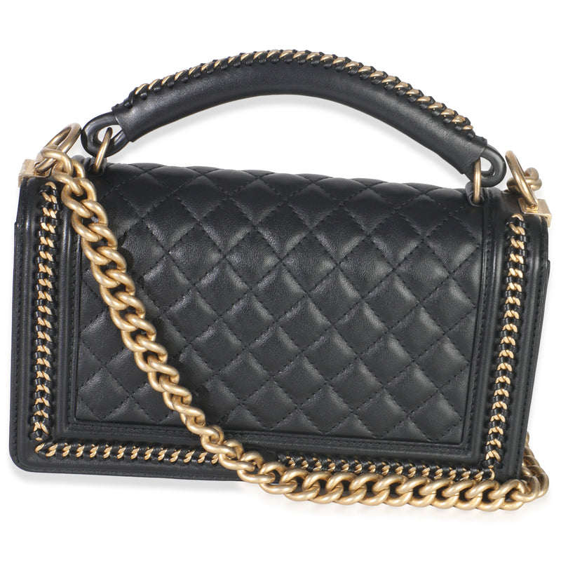 Chanel Black Quilted Calfskin Interwoven Chain Top Handle Boy Bag Leather Handbag