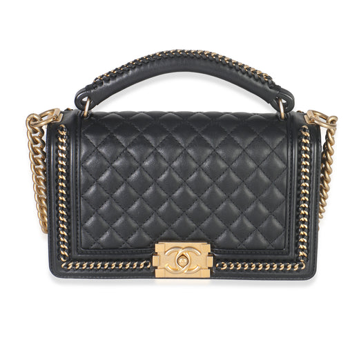 Chanel Black Quilted Calfskin Interwoven Chain Top Handle Boy Bag Leather Handbag