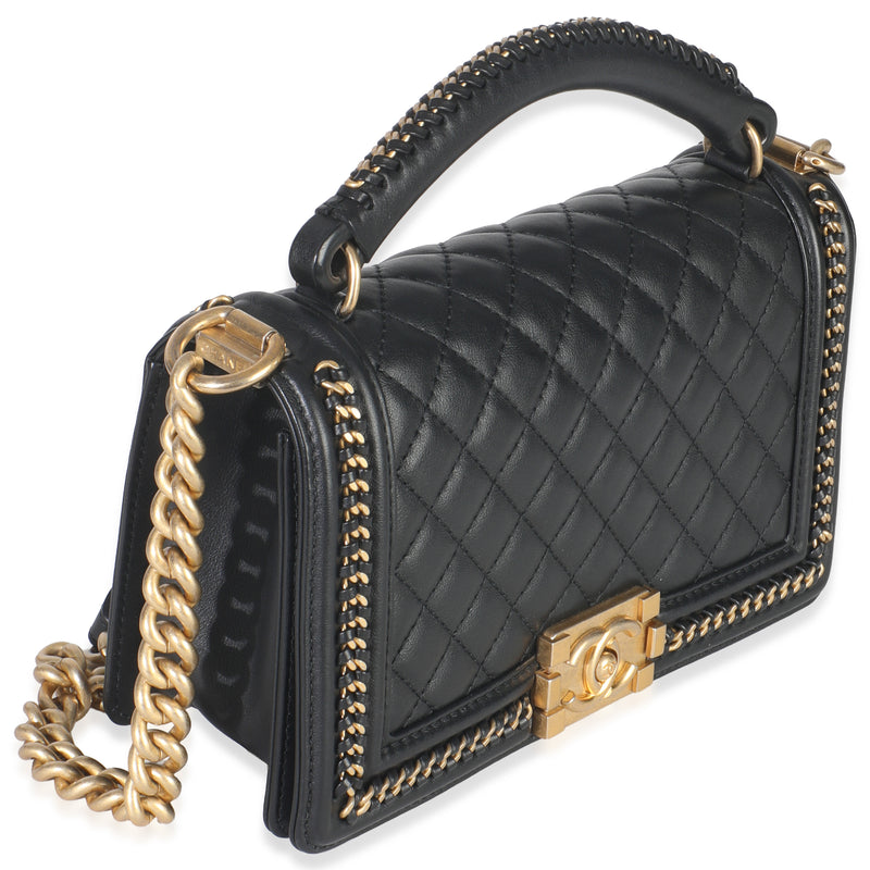 Chanel Black Quilted Calfskin Interwoven Chain Top Handle Boy Bag Leather Handbag