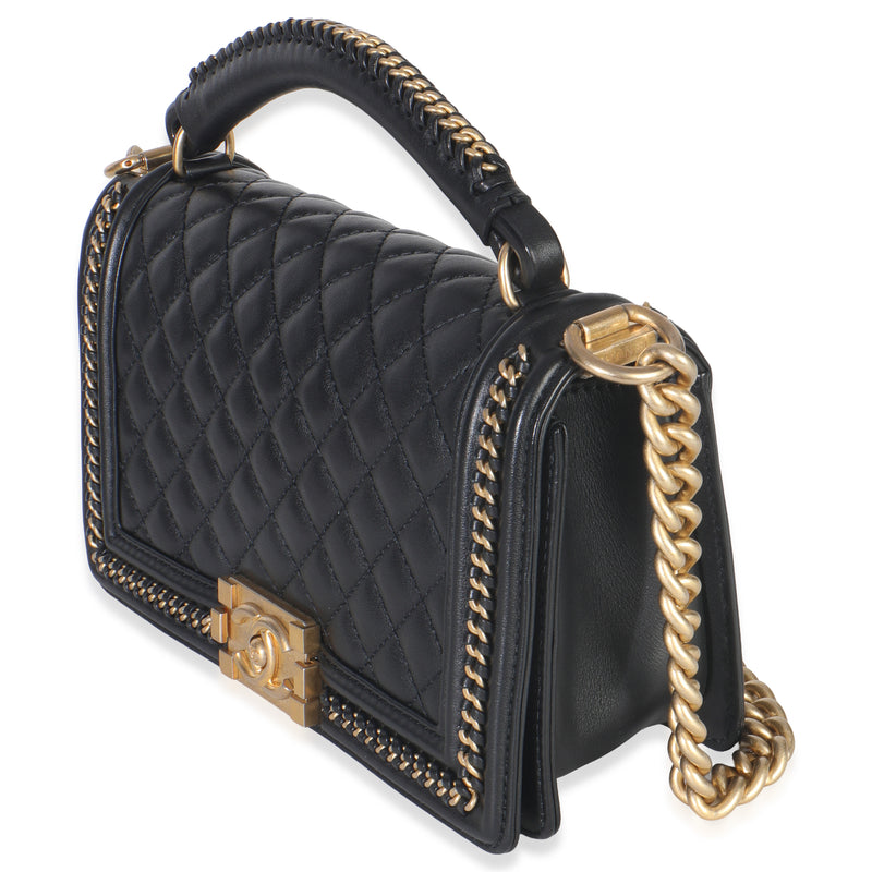 Chanel Black Quilted Calfskin Interwoven Chain Top Handle Boy Bag Leather Handbag