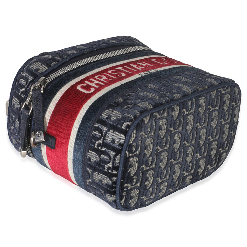 Christian Dior Blue Red Velvet Oblique Diortravel Vanity Case Blue; Canvas Handbag