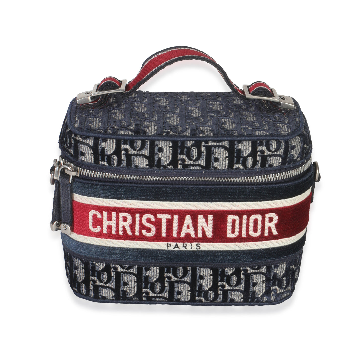 Christian Dior Blue Red Velvet Oblique Diortravel Vanity Case Blue; Canvas Handbag