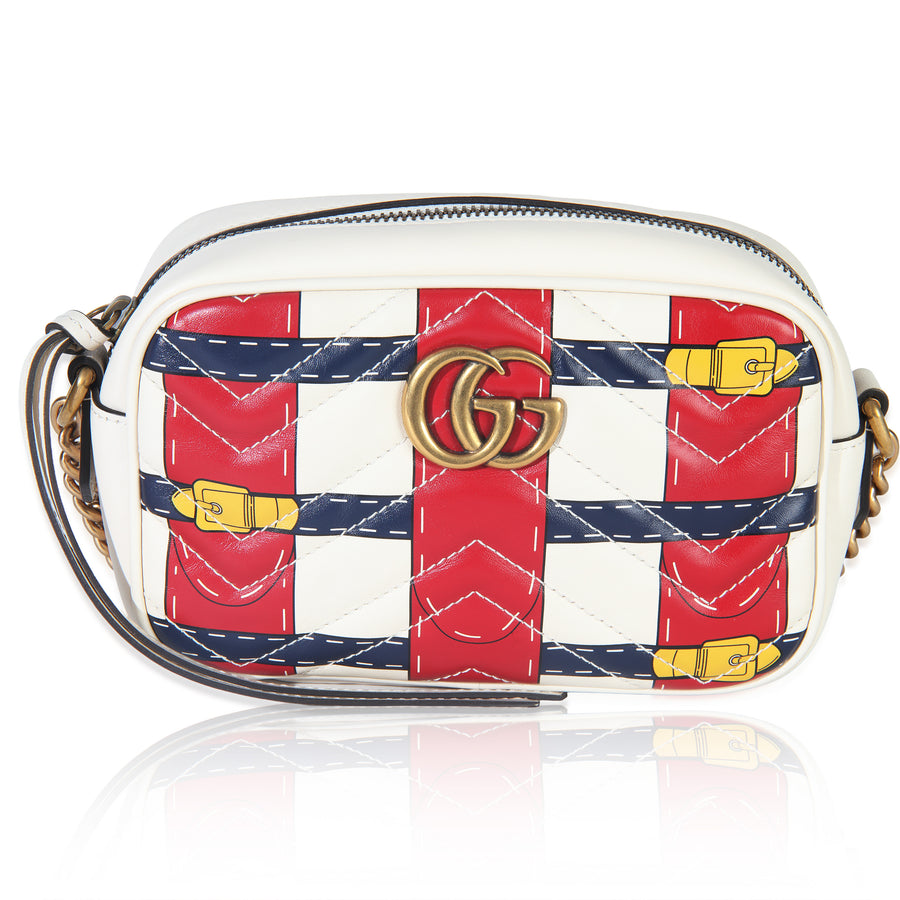 Gucci Trompe Loeil Print Calfskin Matelasse Small Gg Marmont Camera Bag Beige Leather Handbag