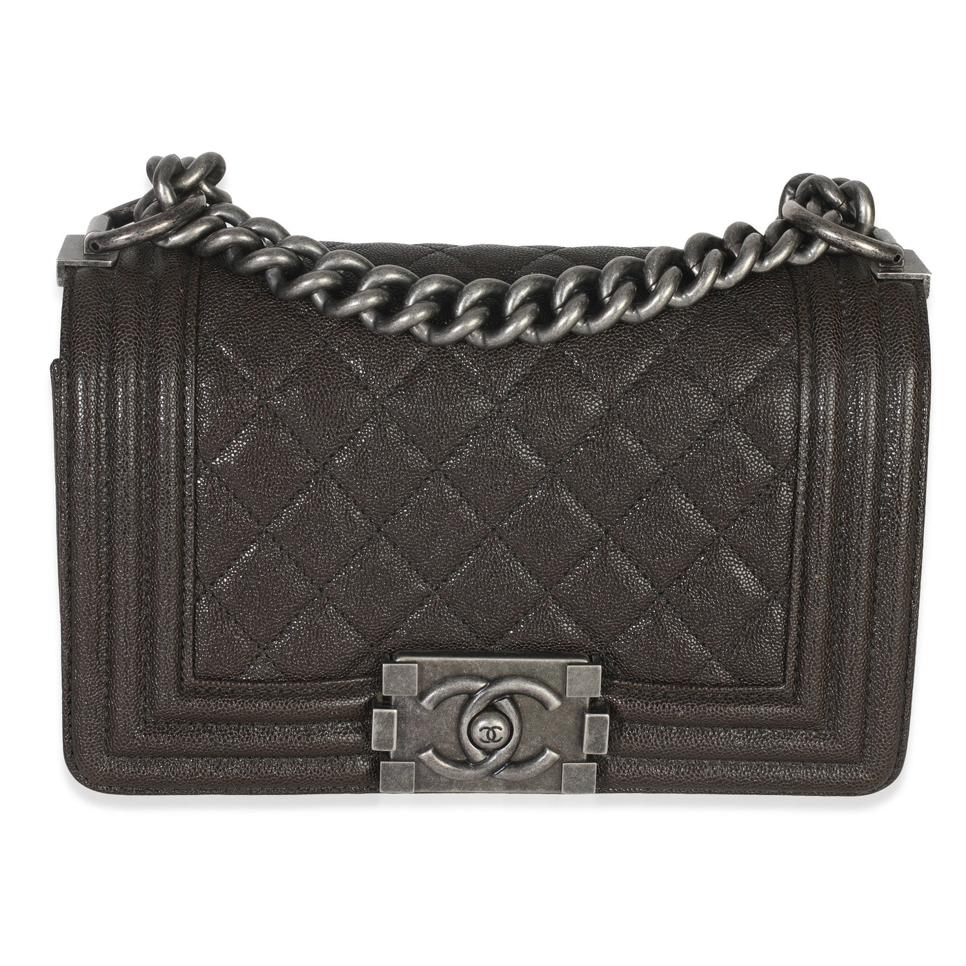 Chanel Brown Quilted Caviar Small Boy Handbag Leather
