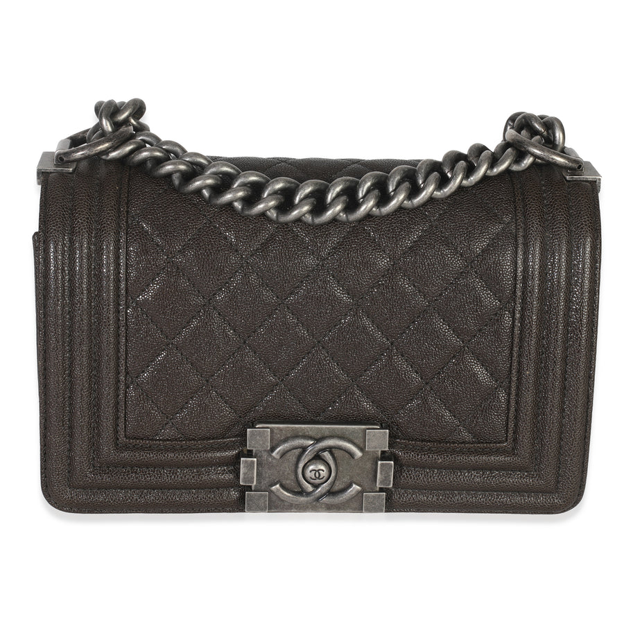 Chanel Brown Quilted Caviar Small Boy Handbag Leather