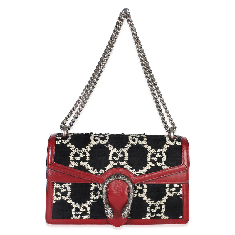 Gucci Black White Red Tweed Gg Monogram Medium Dionysus Shoulder Bag Black; Red; Leather; Handbag