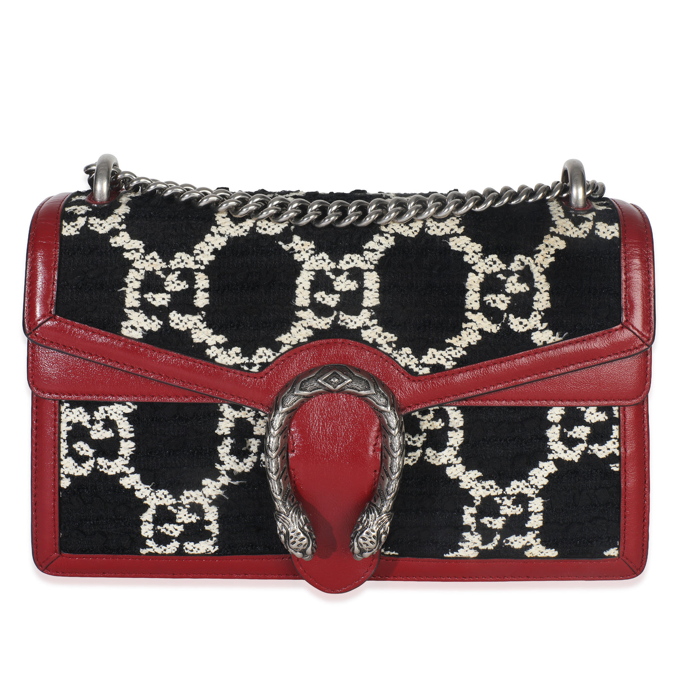 Gucci Black White Red Tweed Gg Monogram Medium Dionysus Shoulder Bag Black; Red; Leather; Handbag