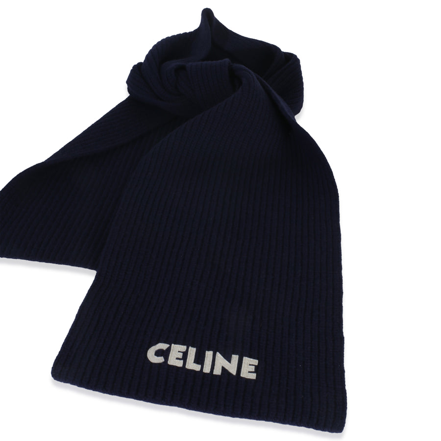 Celine Navy Ribbed Wool Logo Appliqued Scarf Blue Fabric Scarves/wraps