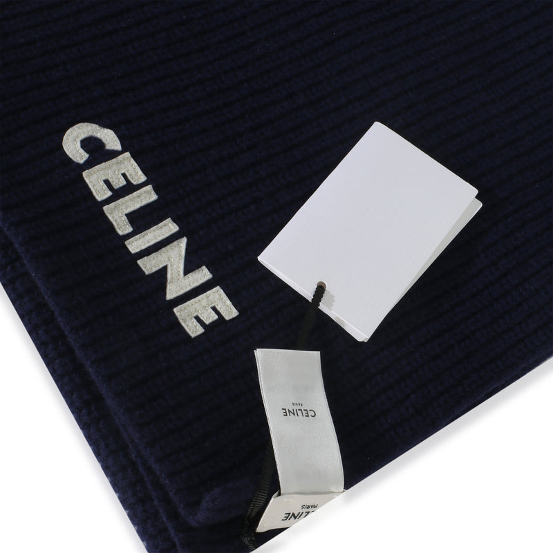 Celine Navy Ribbed Wool Logo Appliqued Scarf Blue Fabric Scarves/wraps