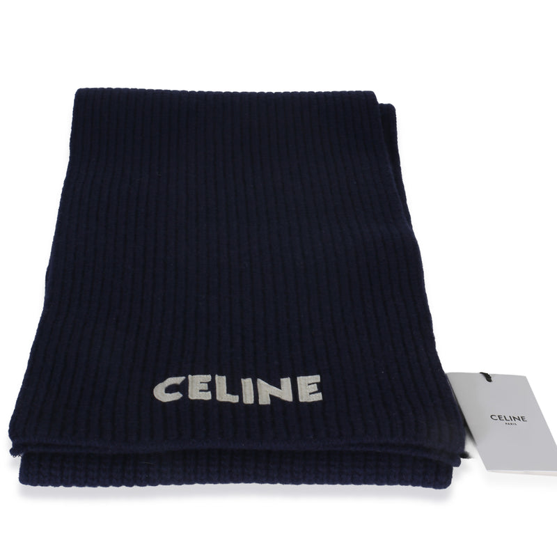 Celine Navy Ribbed Wool Logo Appliqued Scarf Blue Fabric Scarves/wraps