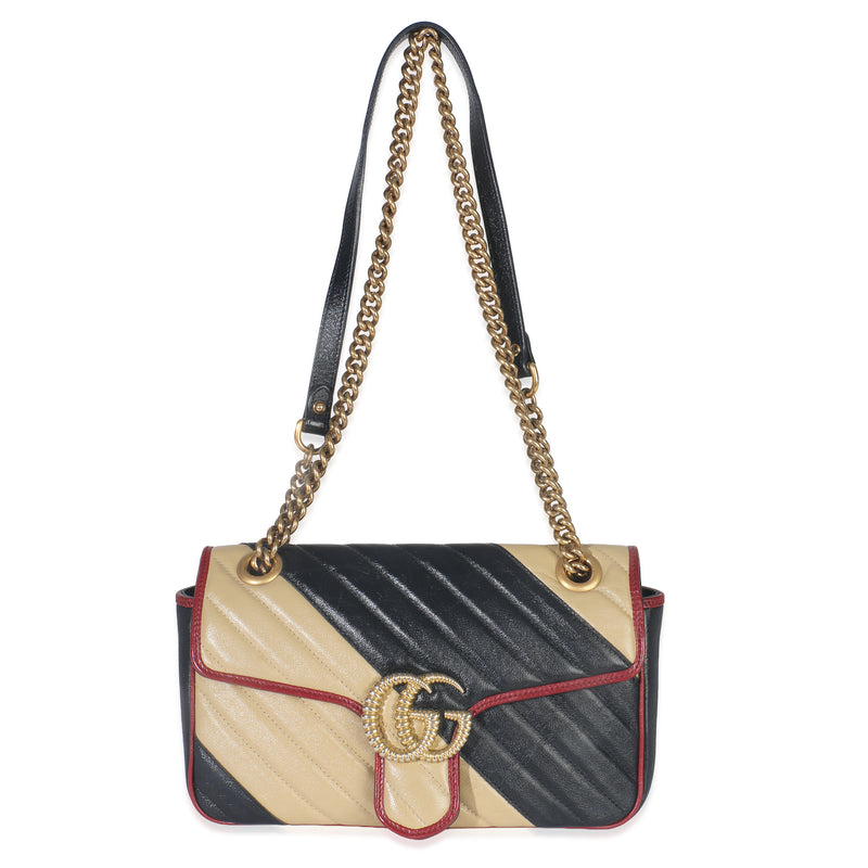 Gucci Black Beige Matelasse Calfskin Torchon Small Marmont Shoulder Bag Leather Handbag